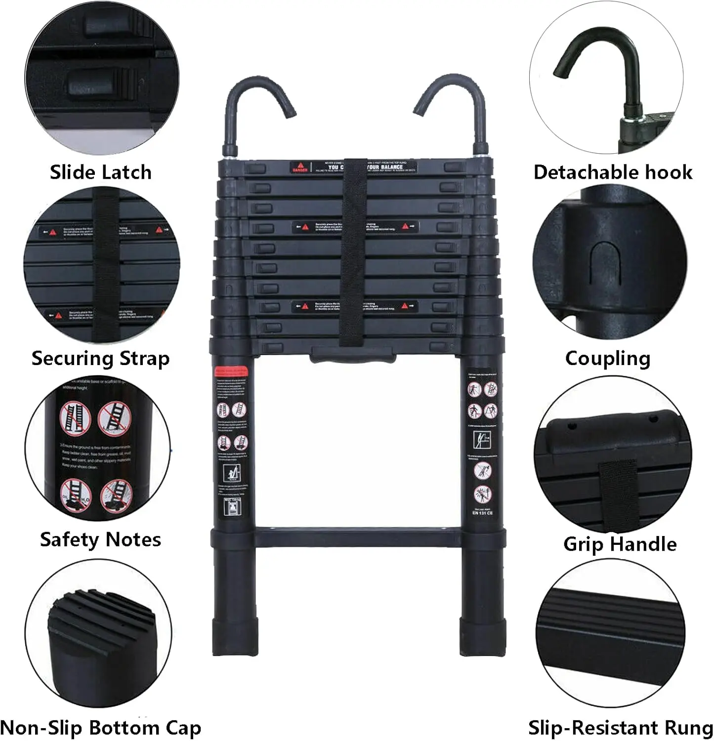 알루미늄 텔레스코핑 사다리 - 10.5피트, 분리 가능한 지붕 고리 2개, 경량, 다목적, 최대 330파운드 용량