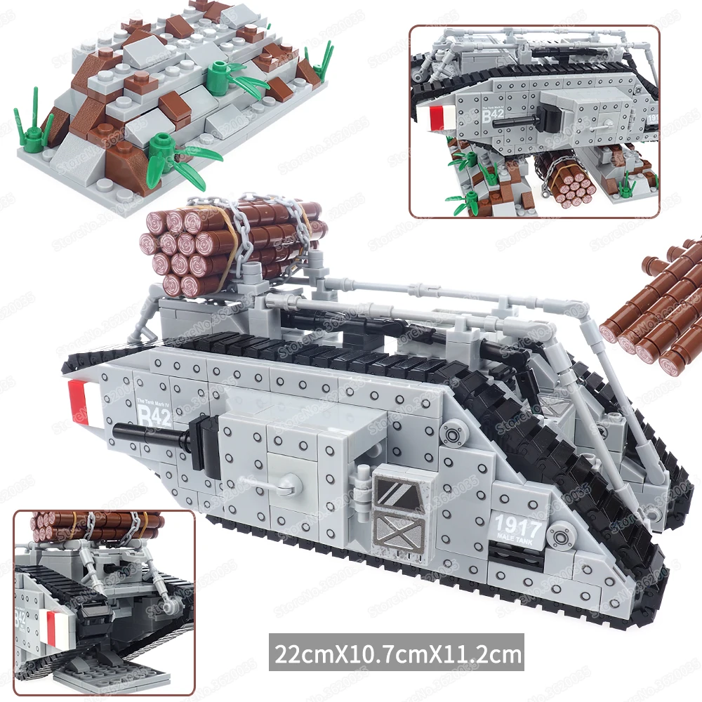 Military WW1 U.K. Mark Type Iv Tank Building Block Assembled Weapons Battlefield Originator Figures Trench Model Child Gift Toys