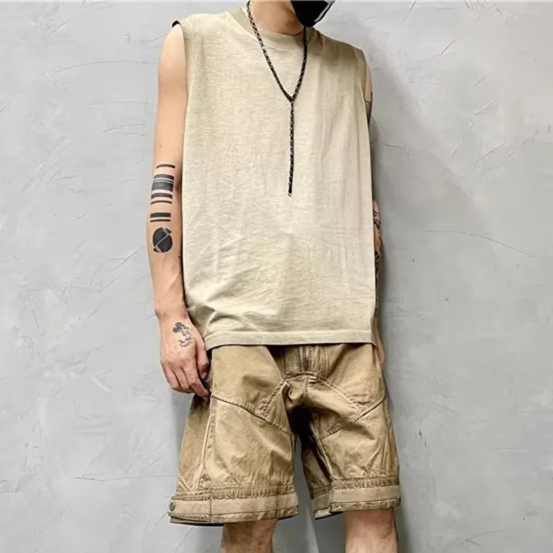 HKSH Men\'s Punk Garde-Avant Waste Land Vintage Loose Vest Shoulder Retro Trend Sleeveless T-shirt Casual Bottom Tank Tops HK1306