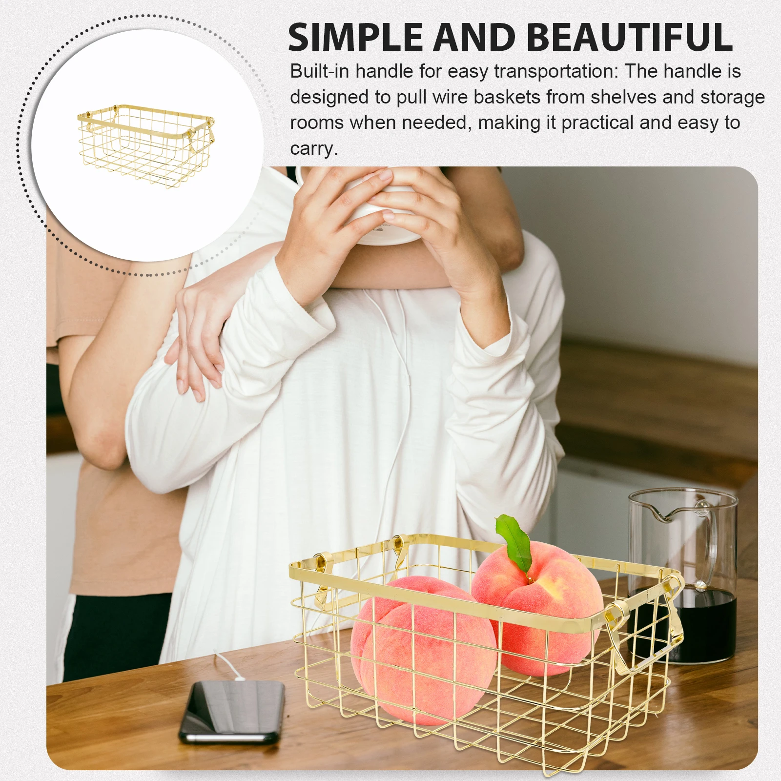 

1 Pc Storage Basket Nordic Style Iron-art 28.5X22X14CM Golden Household Wire Baskets With Handle Fruit Snack Organizer Pantry