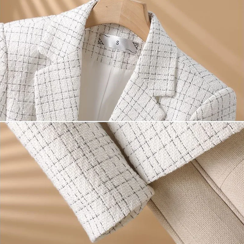 Fashionable White Checkered Suit Jacket For Women 2025 Spring Autumn  Small Fragrant New Design Elegant Suit Coat Female Blazer