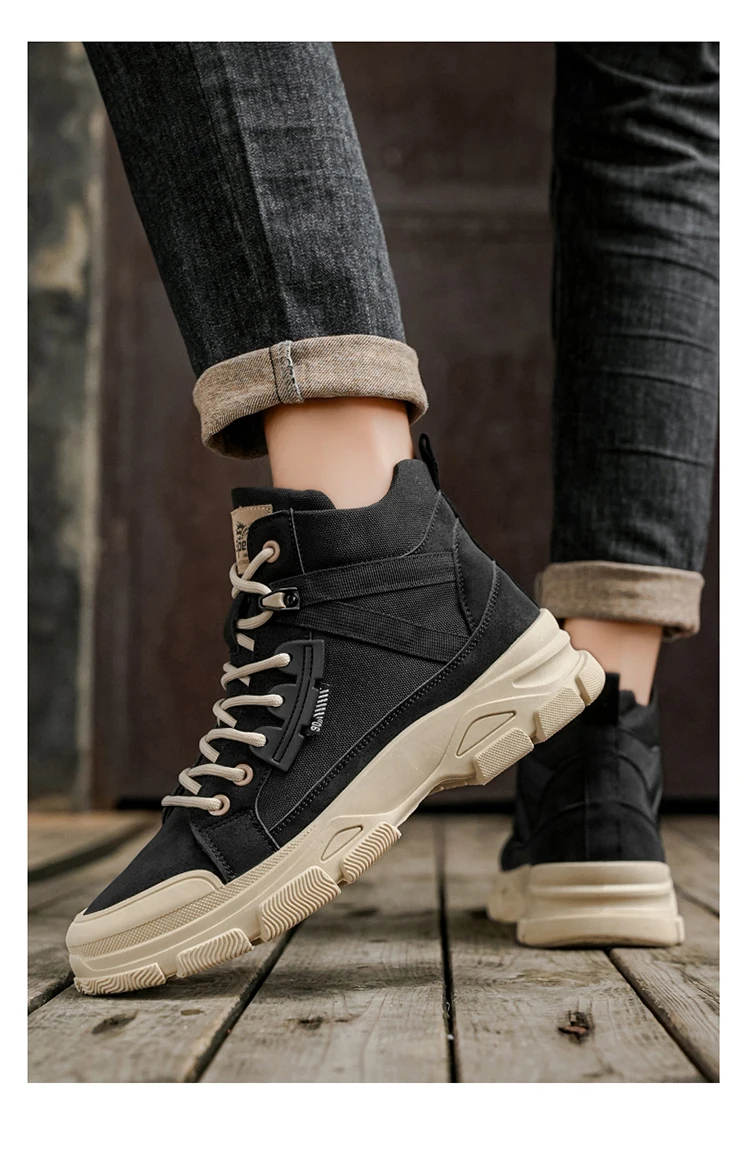 Zweifarbige Canvas-High-Top-Arbeitsstiefel für Herren, klobige, rutschfeste Plateau-Sneaker zum Schnüren für Wandern, Camping, tägliche Pendelfahrten – Detail 6