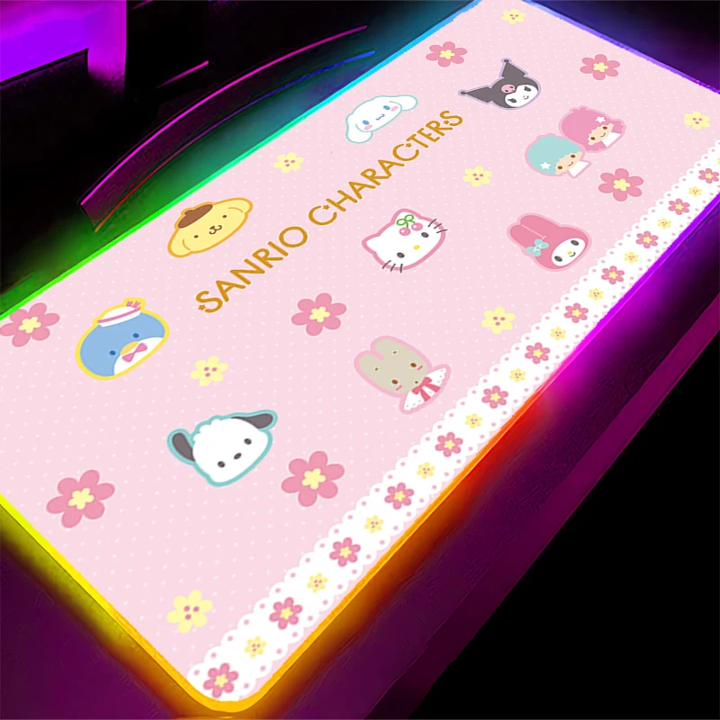 Коврик для мыши с RGB-подсветкой Hello Kitty Gamer, большой край, белый светодиодный коврик для компьютерной мыши, ковер, игровые аксессуары, коврик для клавиатуры, стола