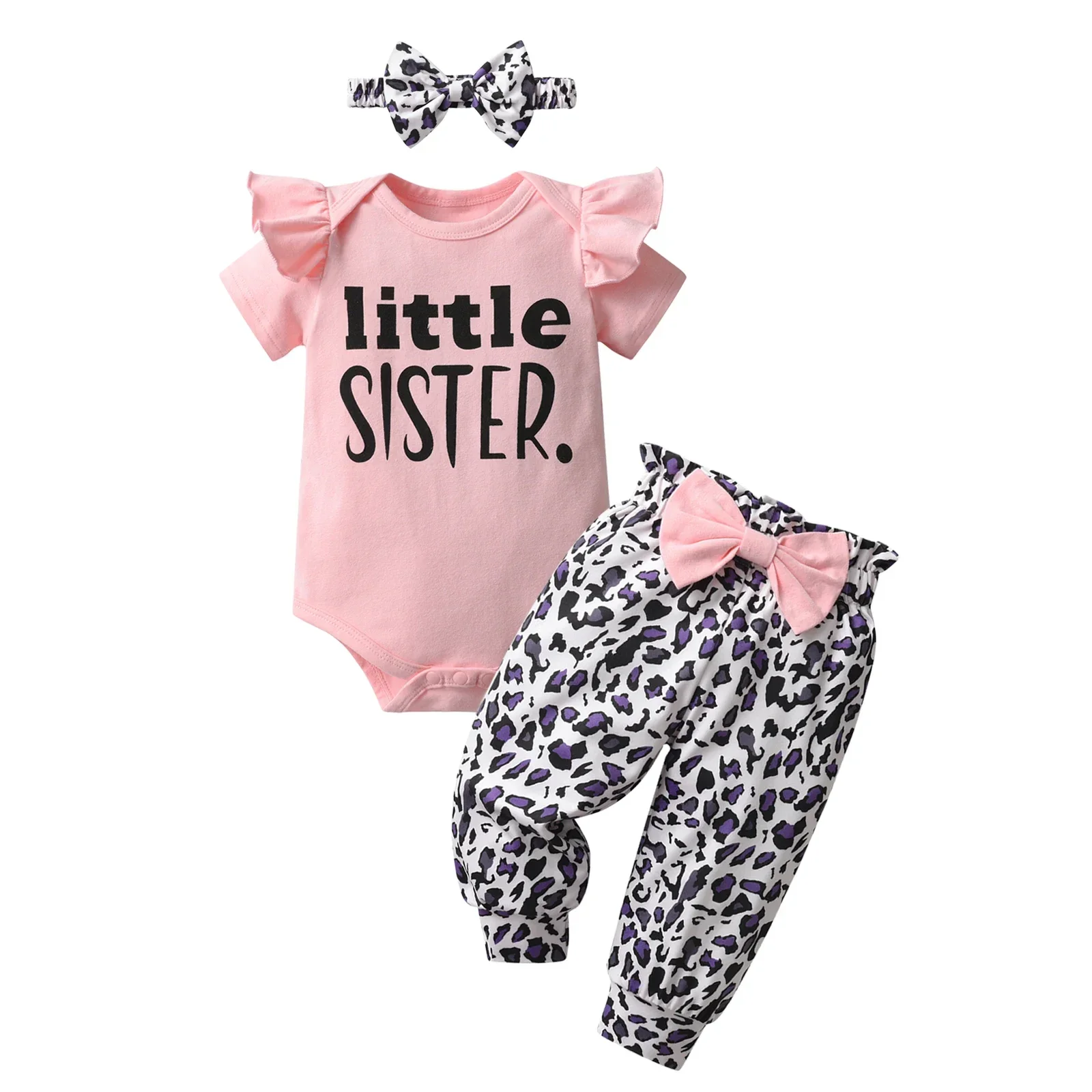 Summer Newborn Infant Baby Girl Clothes Set Thin Cotton Short Sleeve Romper Tops + Leopard Pants Headband 3Pcs Outfits