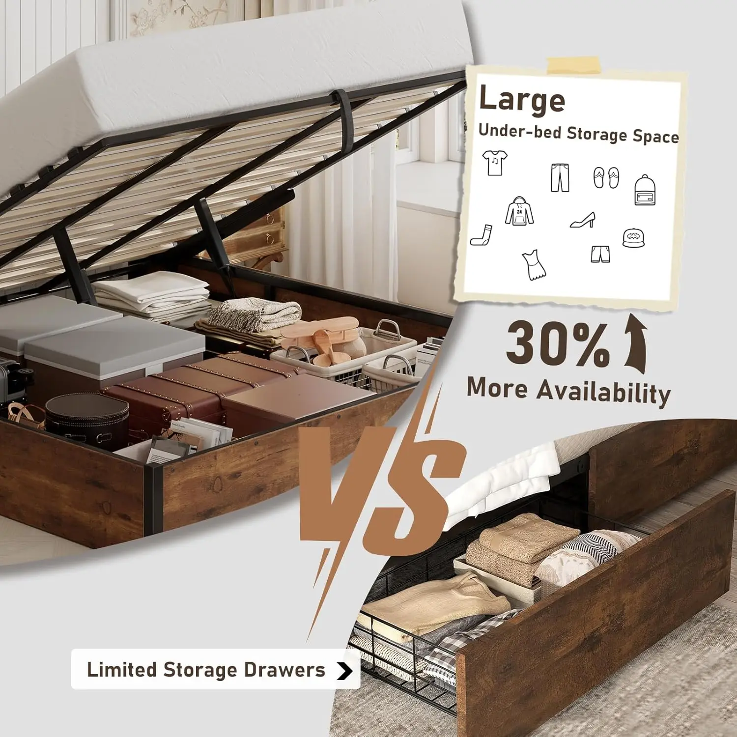 King Lift Up Storage Bed Frame Wooden Slats Platform Underneath Space No Box Spring Quiet Rustic Brown, Customized view 4