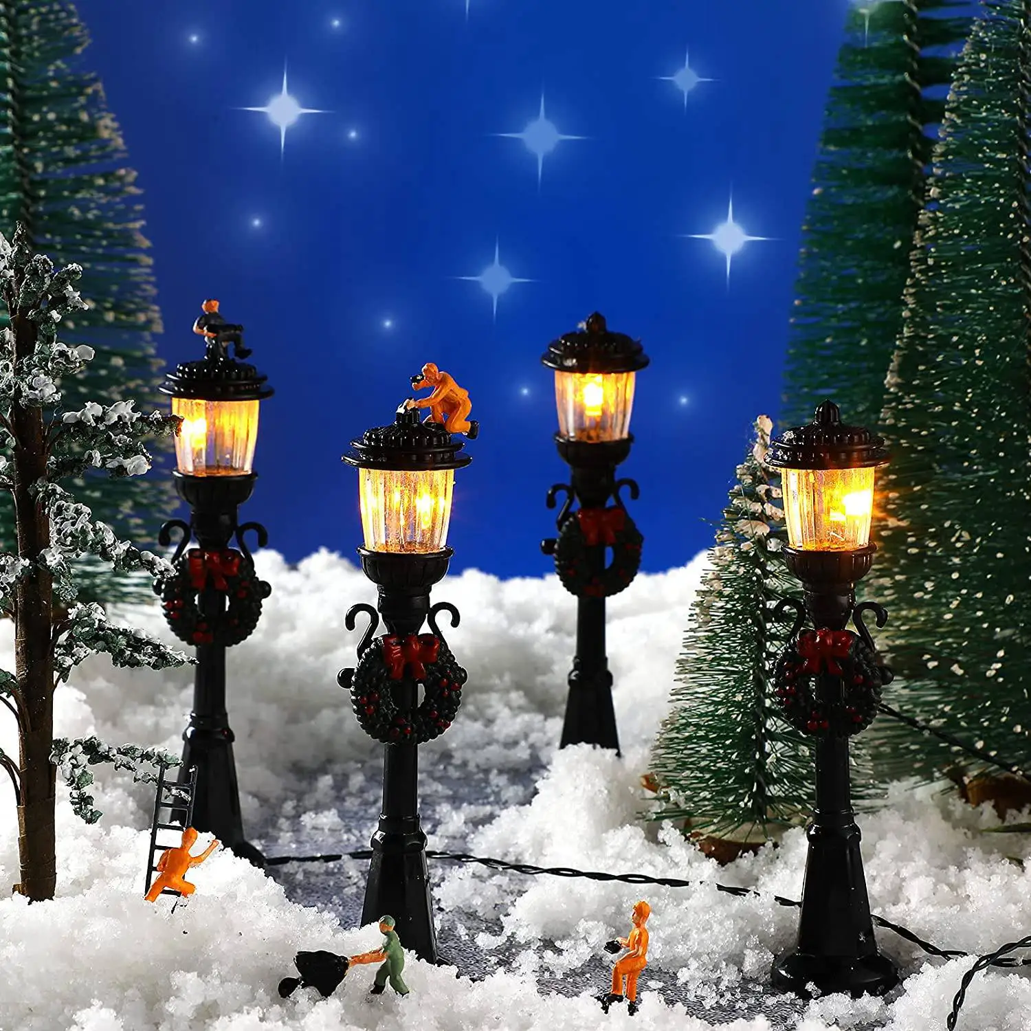 4 pçs mini lâmpada de natal pós trem lâmpada de rua em miniatura luzes decorativas para diy casa de bonecas vila caminho