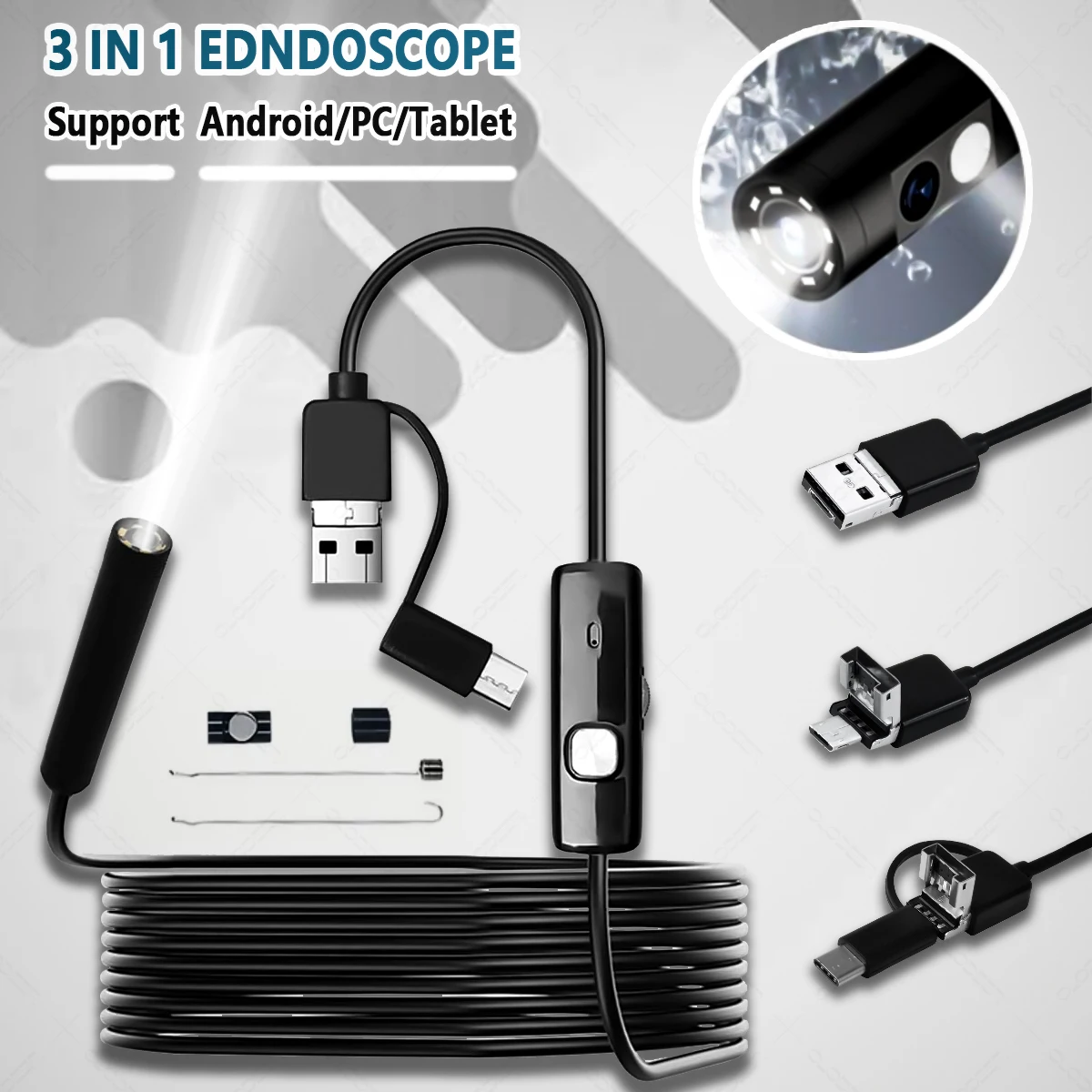 Herramienta de inspección endoscópica para teléfono inteligente, única lente doble endoscopio con 3 en 1, 3,9/5,5/7,0/8mm, 1080P, para Android y