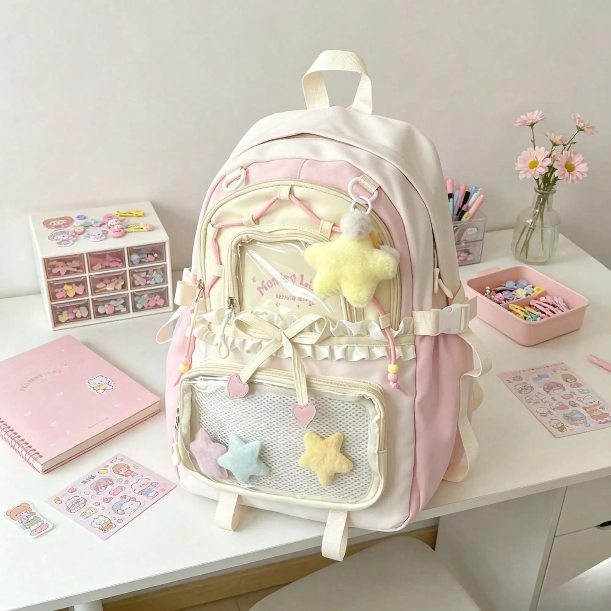 Cute Pastel Color Block Star Plush Charm Backpack, Kawaii Lace Ruffle Bow School Bookbag, Large Capacity Girls Student Backpack For Back To School