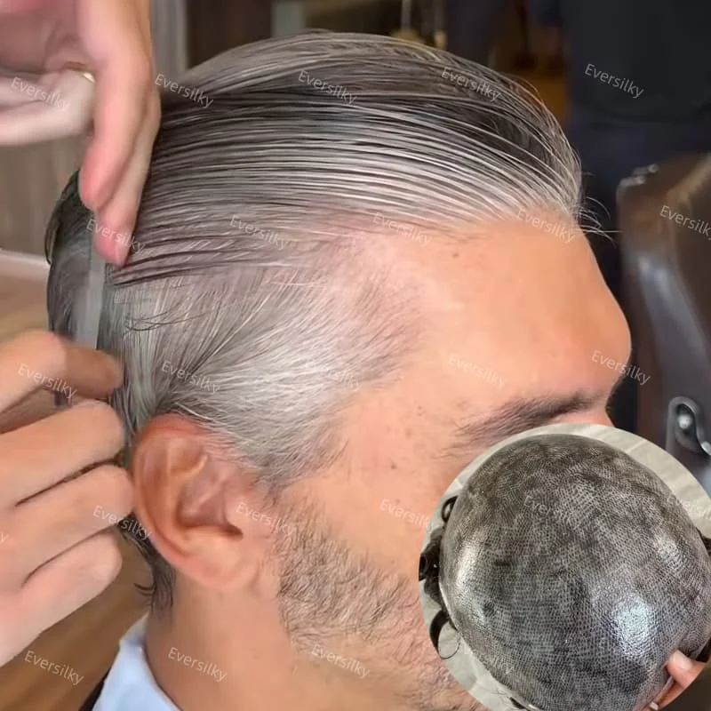 شعر مستعار متين ورقيق للغاية للرجال من البولي يوريثان # 1B50 # 1b65 أبيض رمادي # 2 # 6 نظام شعر صناعي بني فاتح للشعر البشري #1