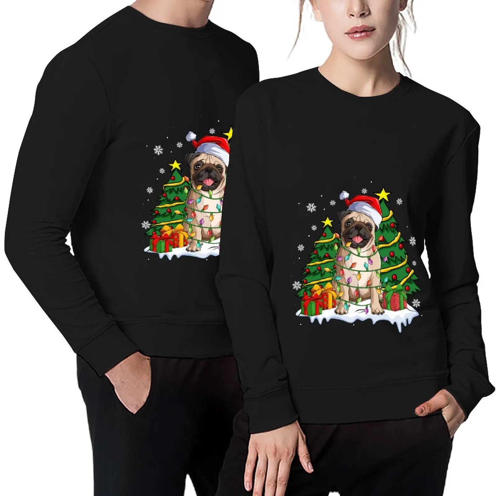 

Merry Woofmas Pug Dog Lovers Santa Hat Lights Kids Christmas Pullover autumn male clothes autumn clothes hooded sweatshirt