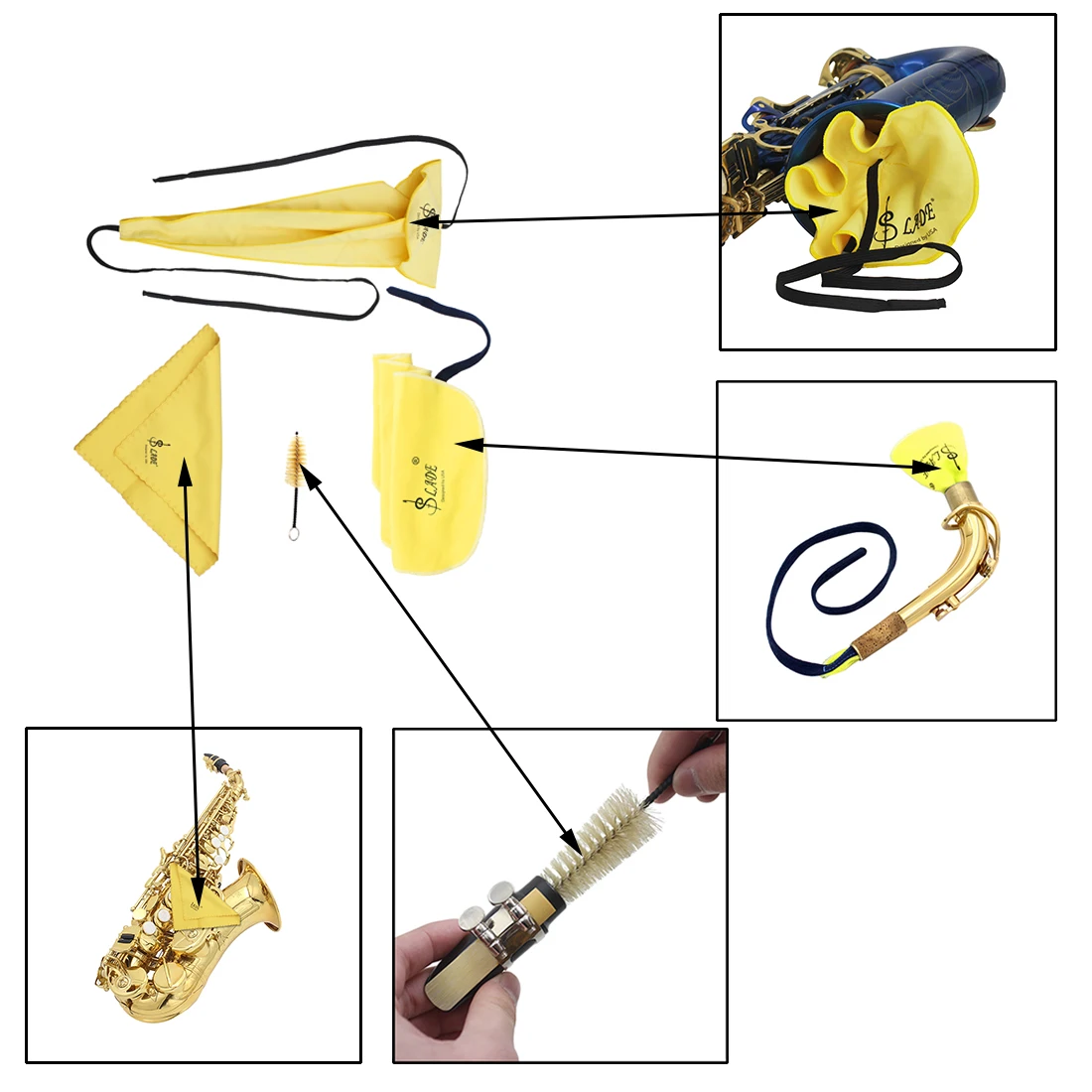 SLADE 4-teiliges Set Saxophon-Reinigungssets Wischtuch Tanga-Tücher Stereo-Mundstück Pinsel Reinigungswerkzeuge Saxophon-Zubehör – Detail 2