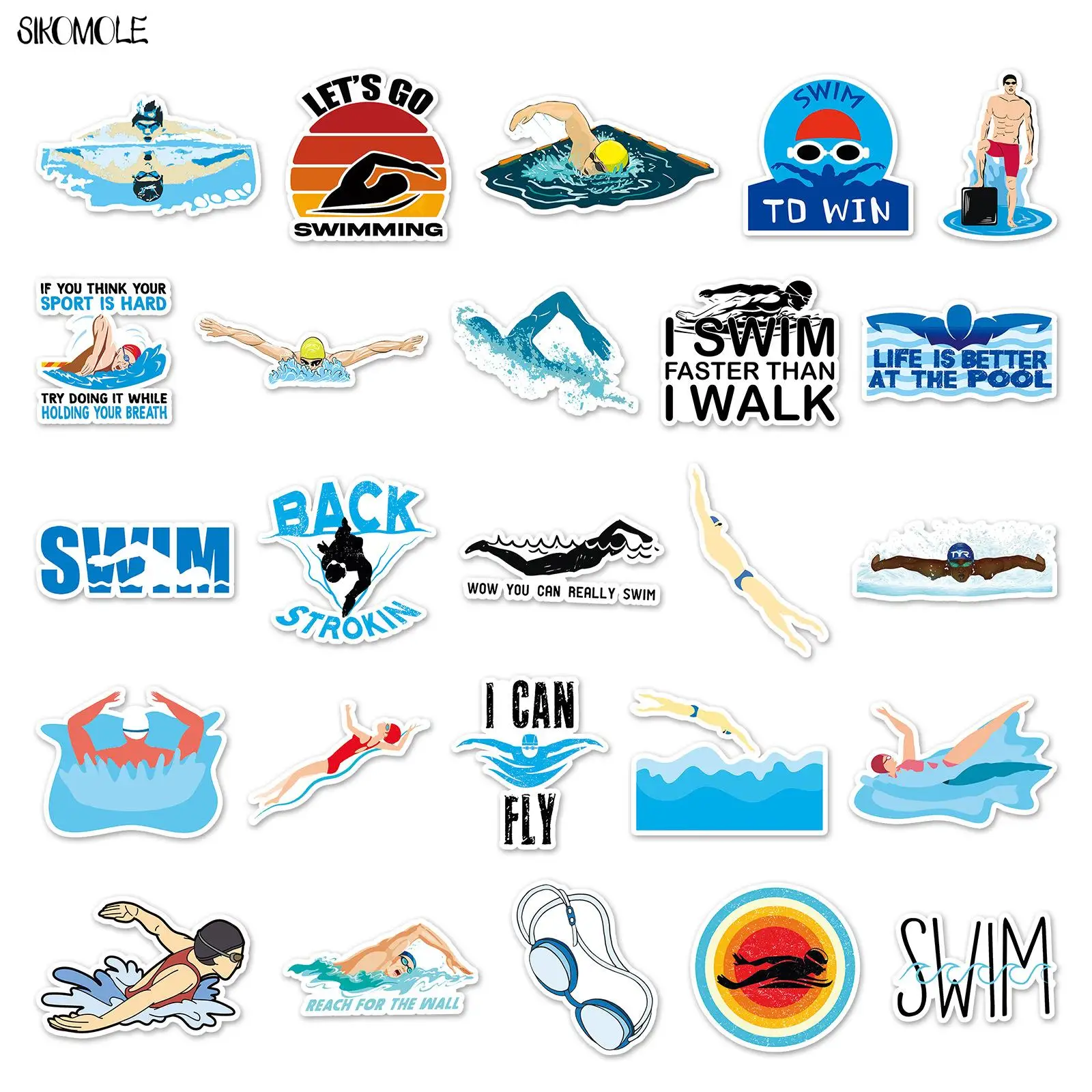 10/30/50pcs Swimming Stickers Sports DIY Kids Gift Toys Laptop Suitcase Skateboard Phone Guitar Decals Graffiti Cartoon Sticker