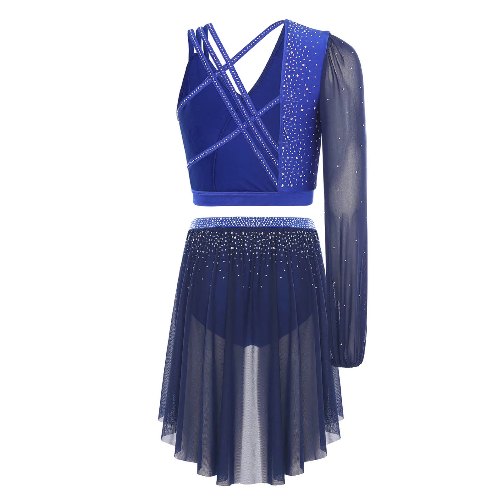 Abito da ballo jazz lirico da donna con strass, manica singola, top corto senza schienale con gonna a rete, slip, costume da competizione in 2 pezzi
