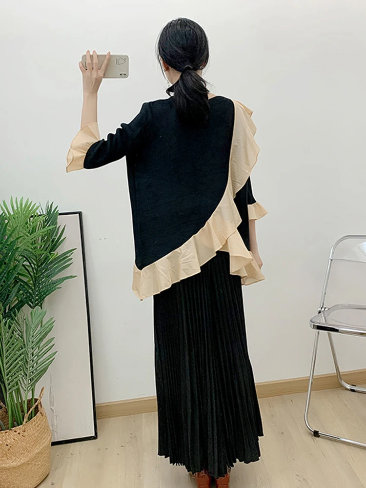 LANMREM-conjunto plisado de dos piezas para mujer, Top Irregular con volantes y pantalones informales de pierna ancha, ropa elegante holgada,