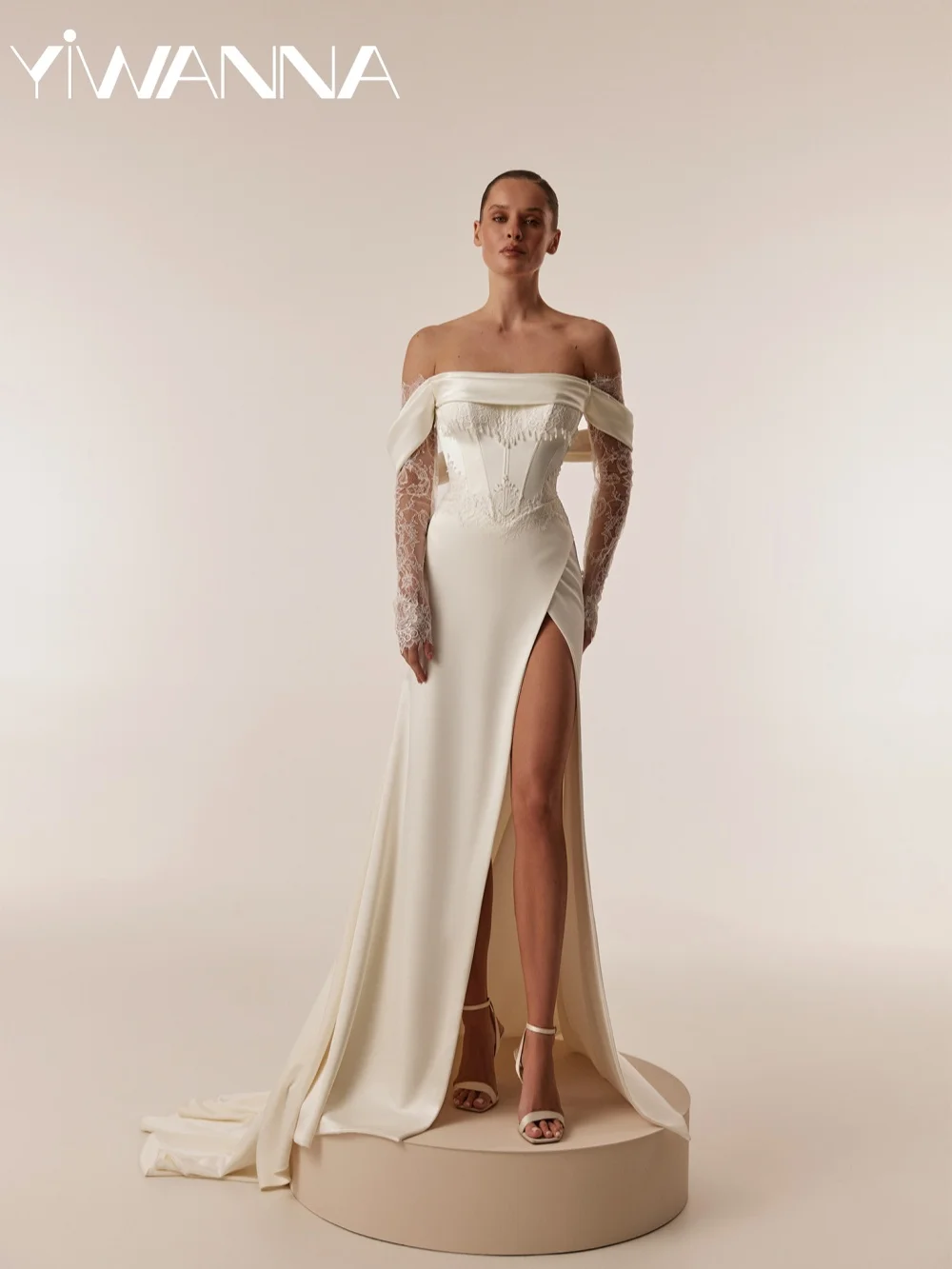 

Dreamy Satin Mermaid Long Wedding Dress Elegant Lace Off Shoulder Bridal Gown Customized Stunning High Slit Dresses For Bride