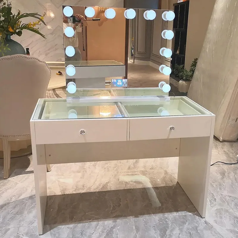 Amazon simple Italian small apartment with two LED bulbs household dressing table single glass countertop dressing table