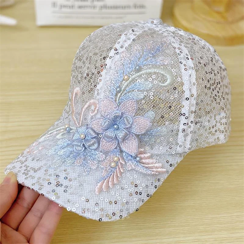 Summer Lace Mesh Sun Hat Breathable Sequins Baseball Cap Sunshade Versatile Duck Tongue Hat Hip-hop Hat Adjustable Rebound Cap