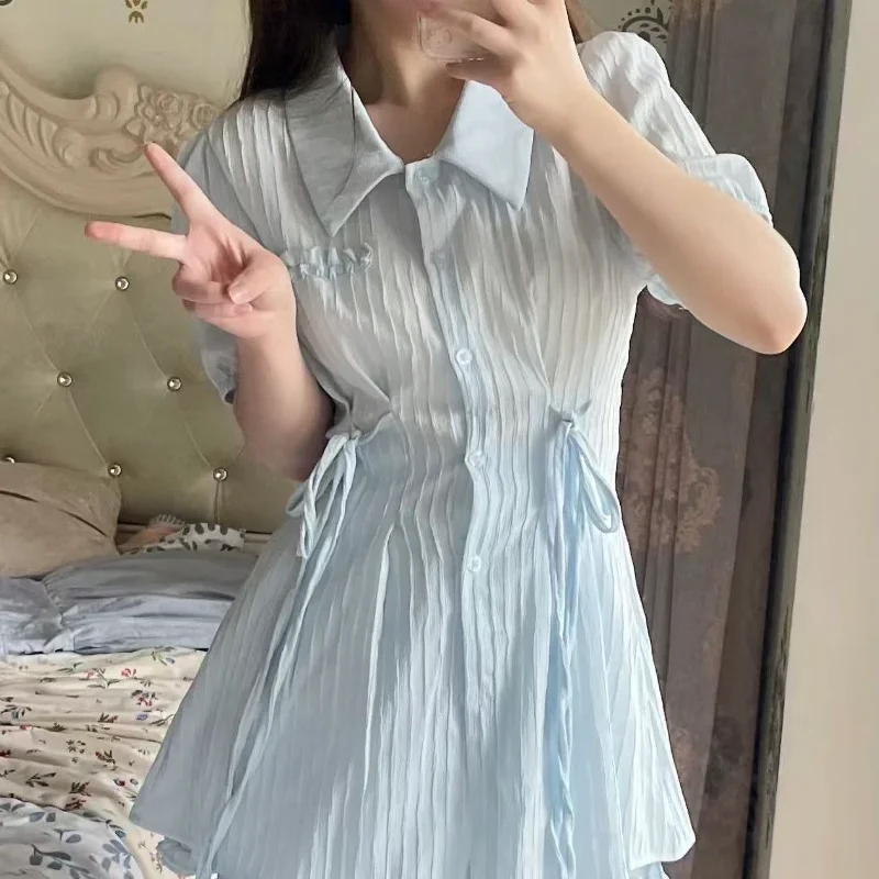 

Summer French Waist Cinched Short Sleeve Shirt Dress Design Sense A- Line Mini Skirt Bottoming Shorts Two-Piece Set Women's Fash