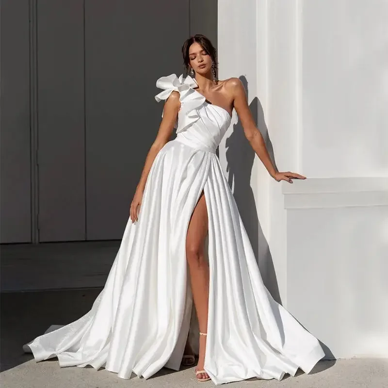 

MYYBLE Customized New Arrival One Shoulder A-Line Stain Wedding Dress High Side Slit Long Floor Length Bridal Gown