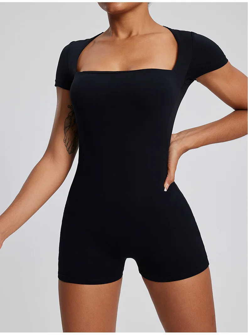 Combinaison de fitness pour femme à col carré gothique, séchage rapide, manches courtes élastiques et coussinets de poitrine intégrés