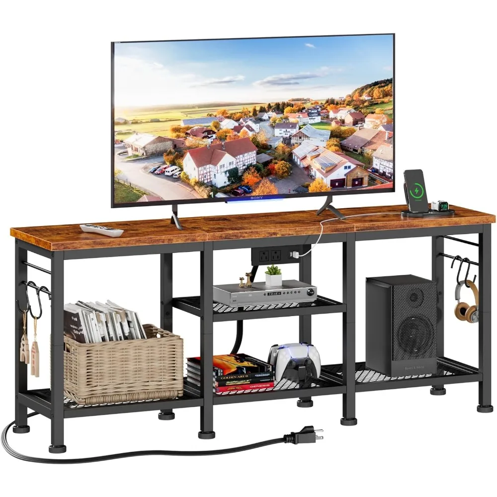 

TV Stand with Power Outlets, Entertainment Center with Open Storage Shelves for TVs TV Media Console Table with Soundbar Shelf