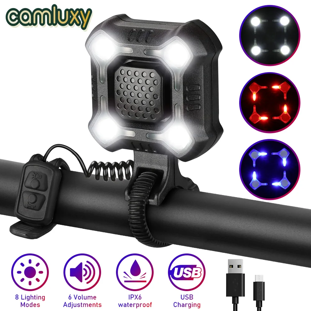 Camluxy 140dB Bicycle Horn Headlights IPX6 Waterproof 4 LEDs Bicycle Cycling Lamp Electric Horn USB Charging Security Alarm Bell