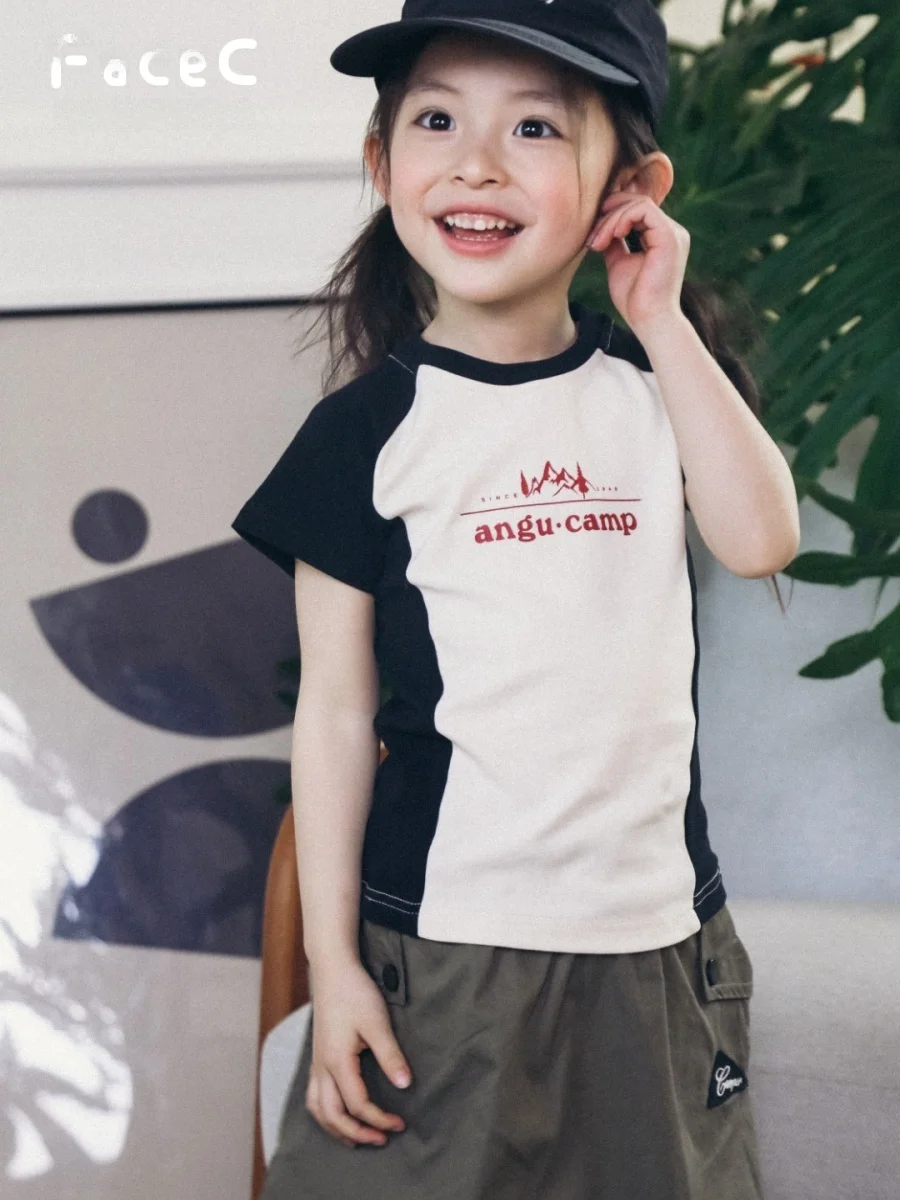 Girls' Casual Outdoor Short Sleeve T-Shirt Color Block Design Breathable Cotton Blend Summer New Arrival for Kids And Tweens