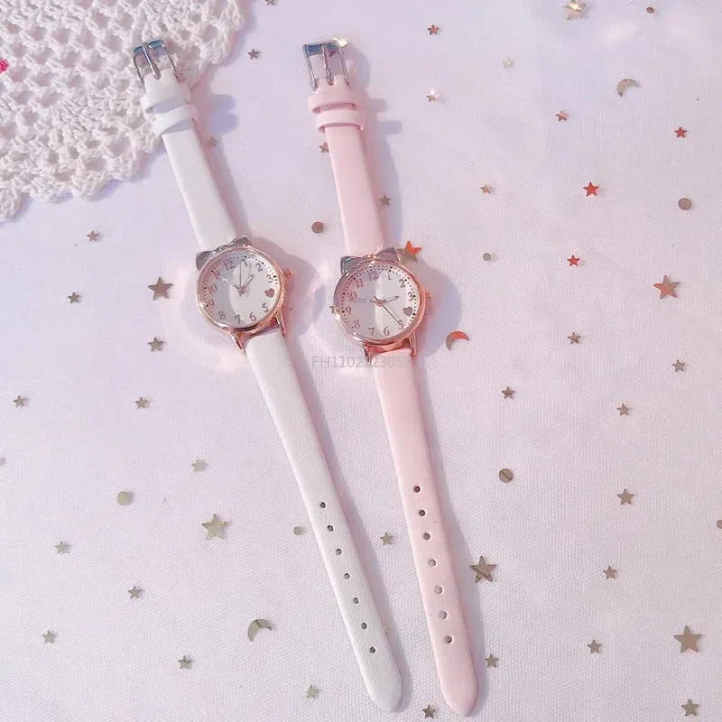 جديد أزياء الأطفال الطلب الرقمي لطيف آذان القط الأطفال ووتش مجموعة حزام من الجلد ساعات الكوارتز الفتيات على مدار الساعة هدية #6