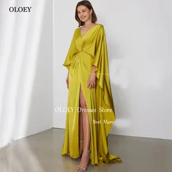 OLOEY Elegant Pleat Silk Evening Gown Dress V-Neck Draped Side Hight Side Slite Floor-Length Wedding Party Dress Summer Dress