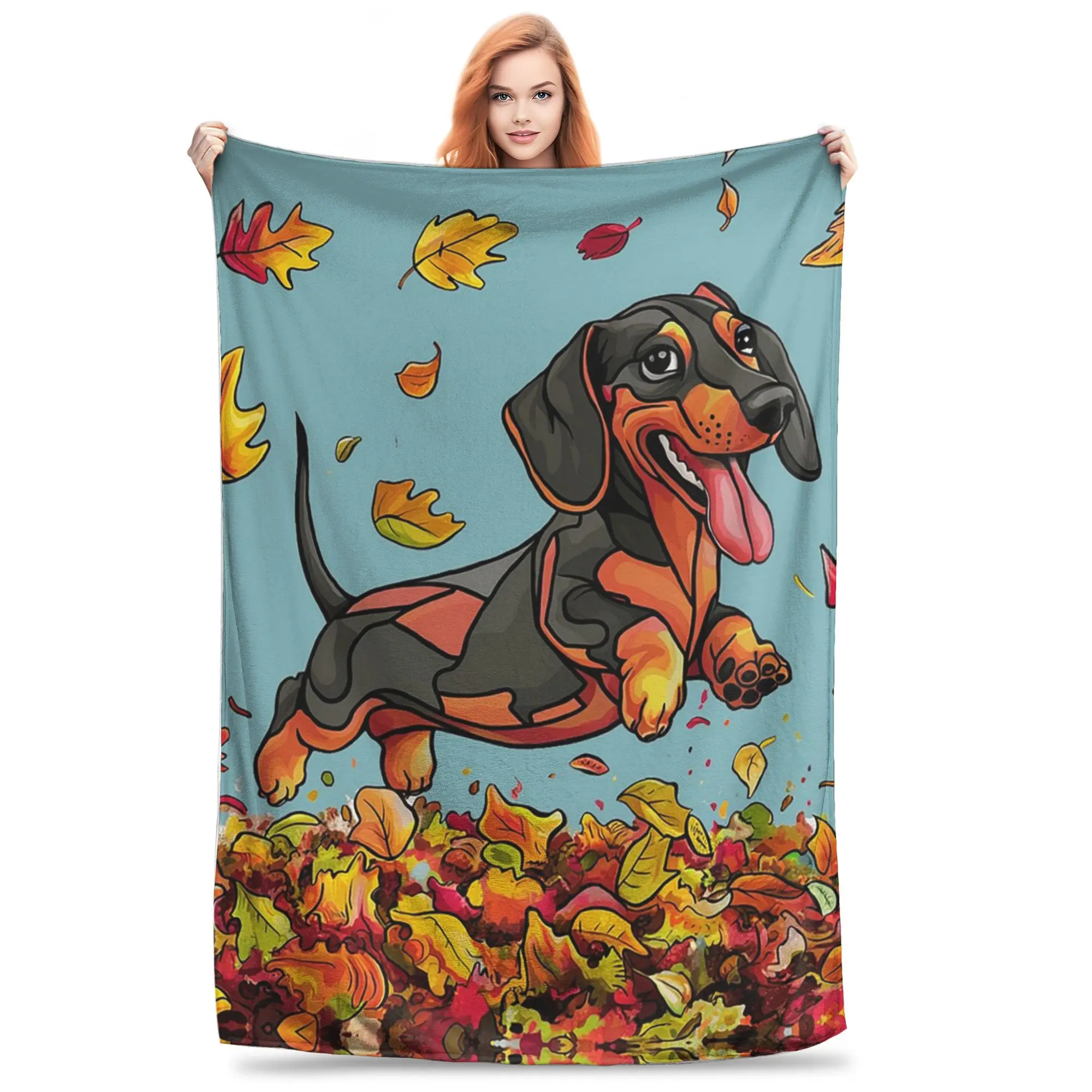 Manta de franela para otoño, teckel, hojas de otoño y perro, mantas de felpa cálidas, ropa de cama suave para cama, sala de estar, Picnic en casa