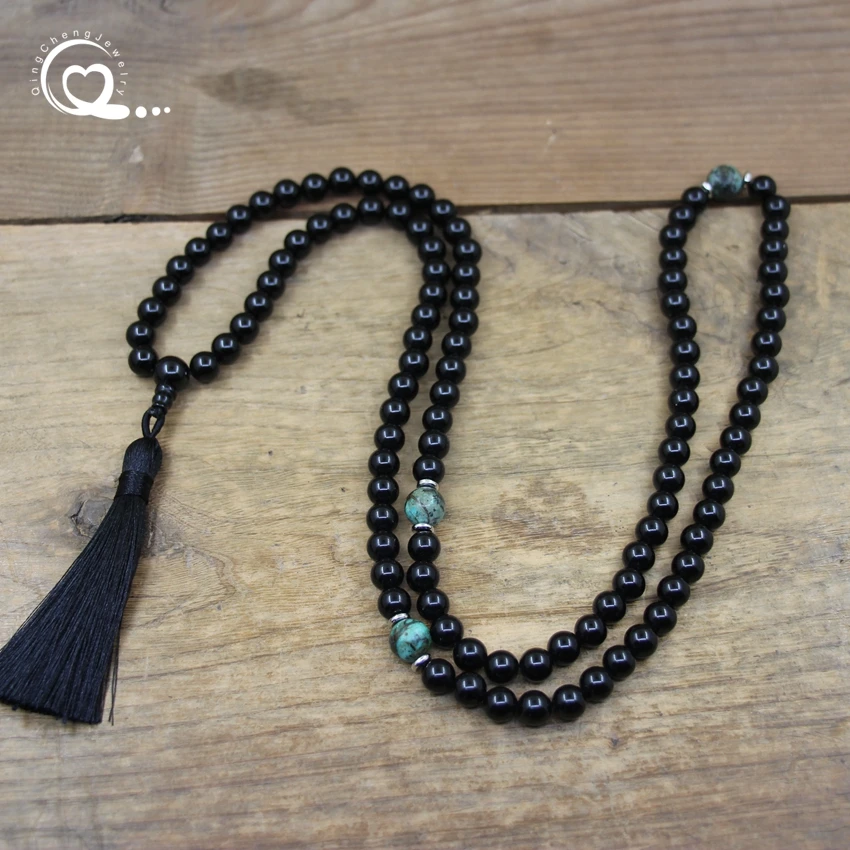 

Natural Obsidian 108 Yoga Mala Necklaces Africa Turquoise 8mm Round Beads Tassel Japamala Meditation Prayer Jewelry,QC0167