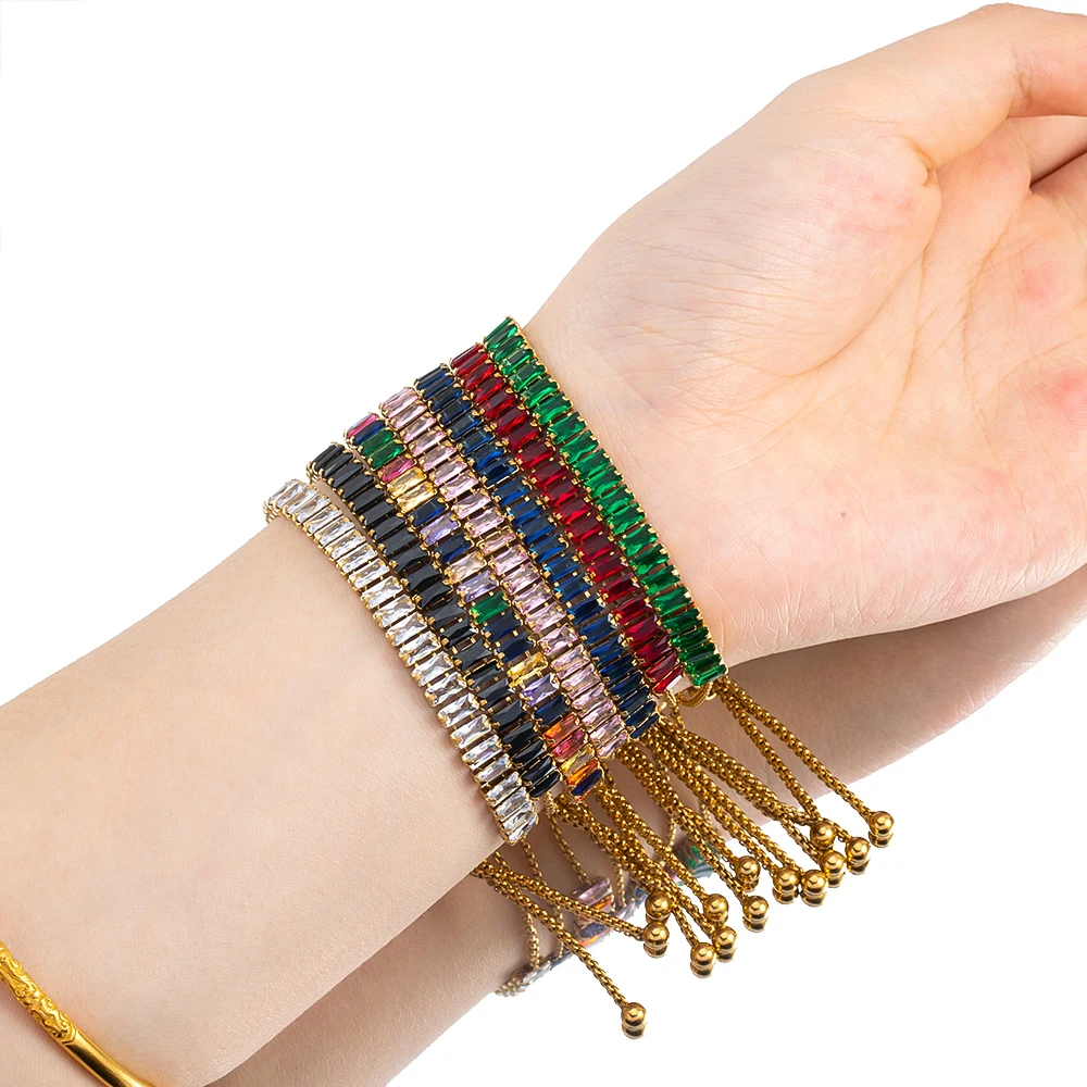 Chaîne réglable en perles de zircone carrées colorées en acier inoxydable, 1 pièce, pour bricolage, Punk Hip Hop, Bracelet brillant