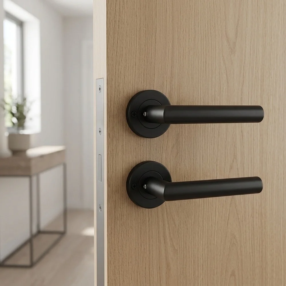 304 Stainless Steel Door Lever Set in Matte Black Finish Compatible with Standard Residential Door Thickness and Handedness