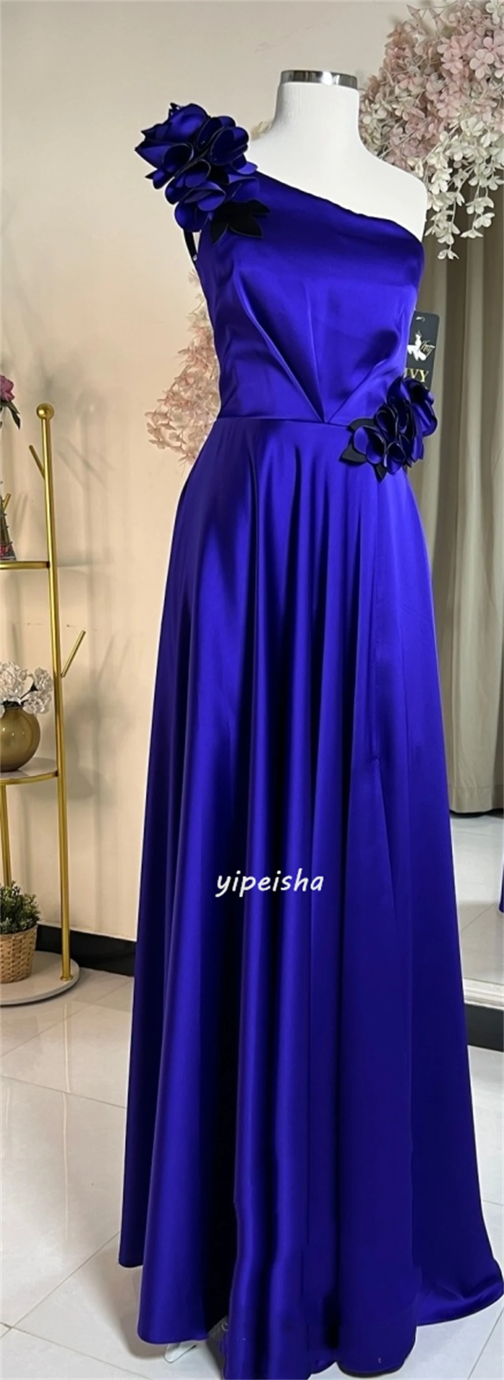 Customized Chinese Style Satin Pleat Flower A-line One-shoulder Long Dresses Celebrity Dresses Retro Fashion Elegant Exquisite S