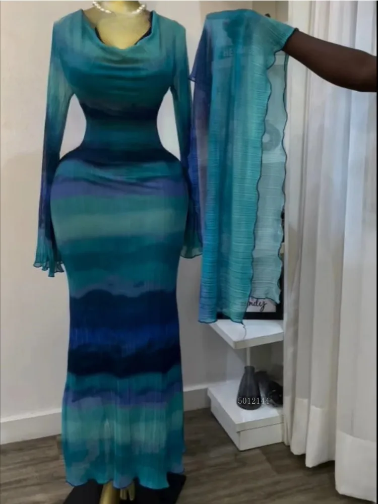 2026年 レディース タイダイ柄 レースアップ バック スカーフ付き ボディコン ミディ丈 長袖 プリーツ マキシ丈ワンピース パーティー 教育 休暇 ロングドレス