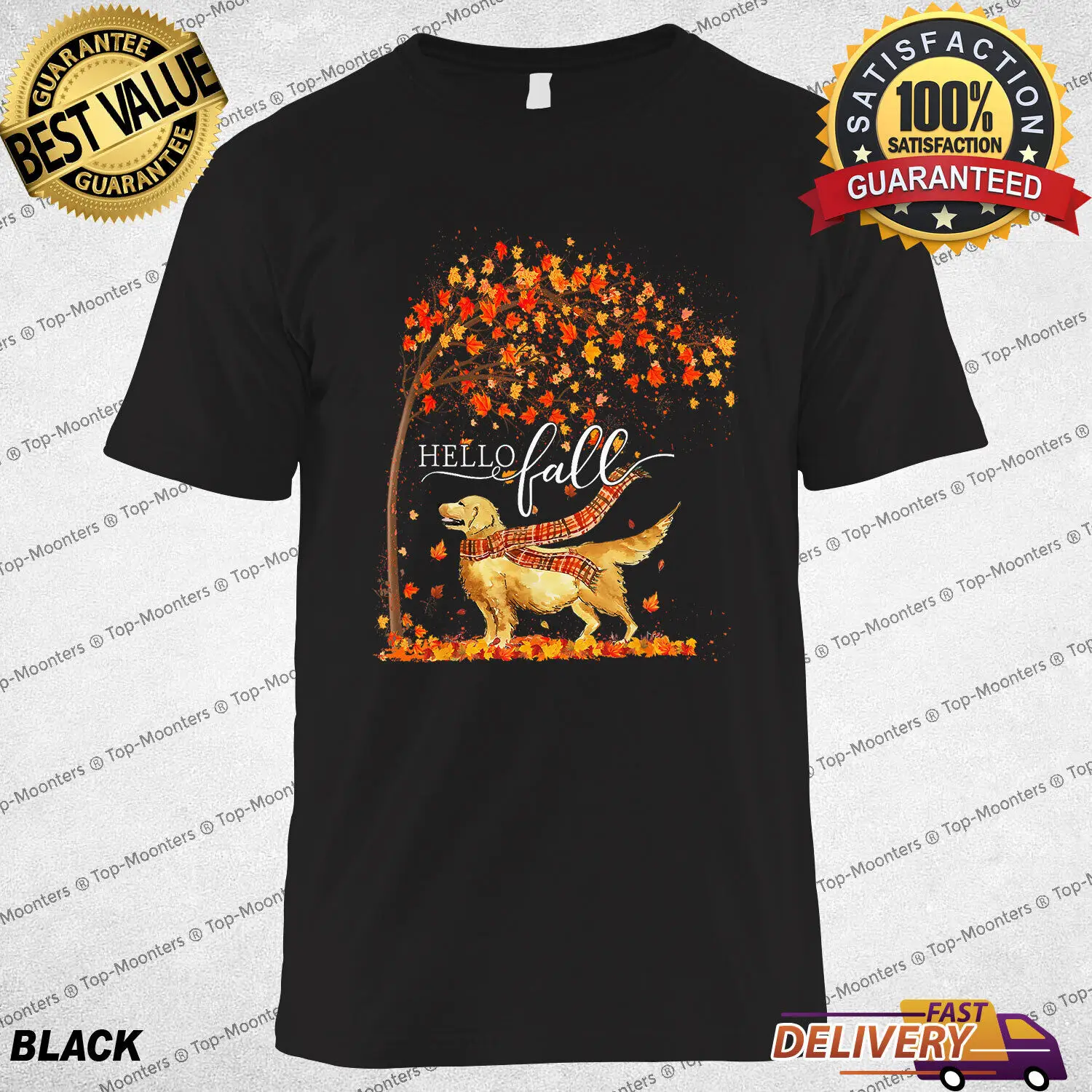 

Hello Fall Tree Design for Thanksgiving Dog Lover Golden Retriever T-Shirt