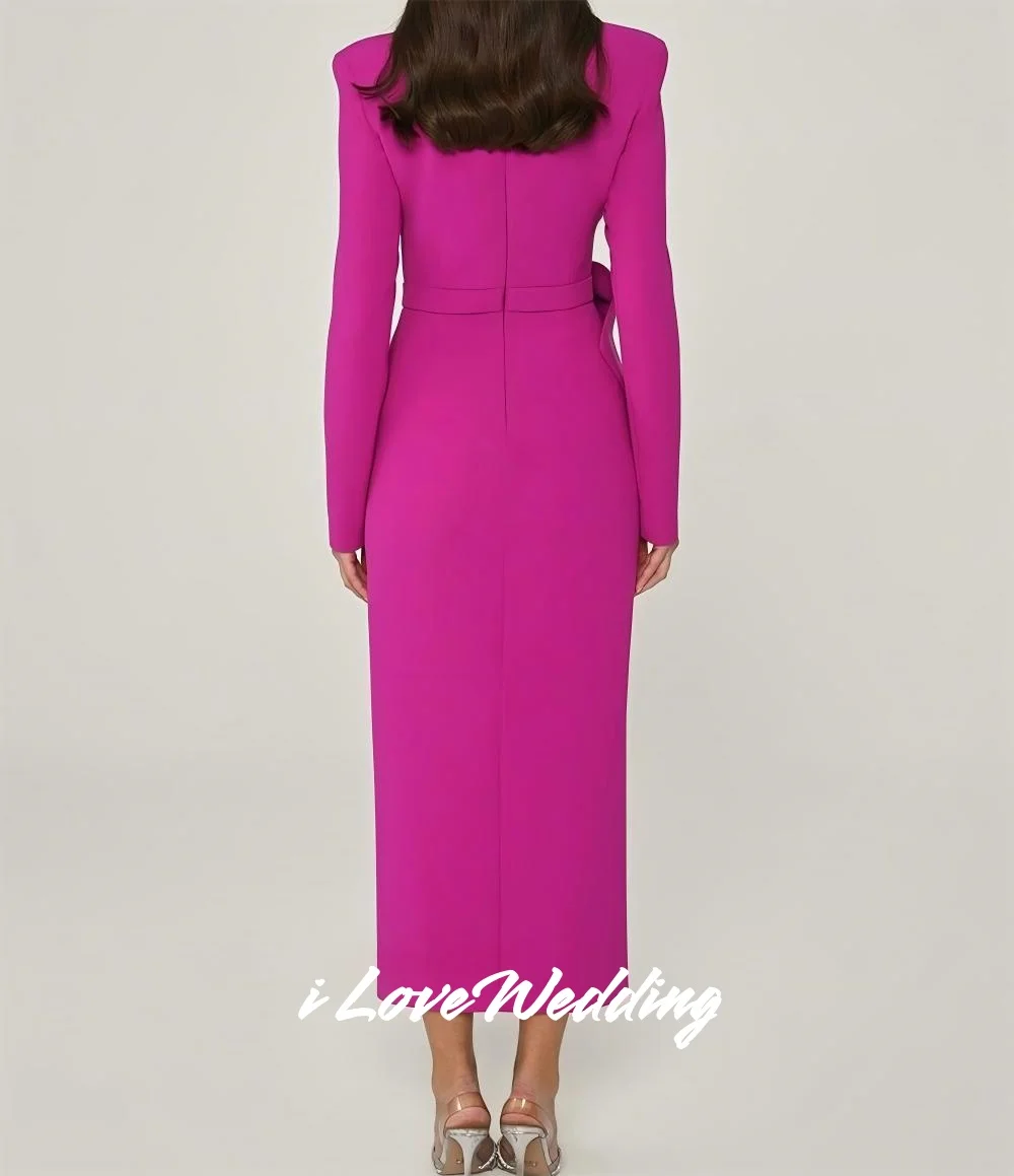 Fuschia – robe de soirée trapèze, col en v, nœud perlé, manches longues, fente latérale, longueur thé, robes d'occasion sur mesure plissées personnalisées