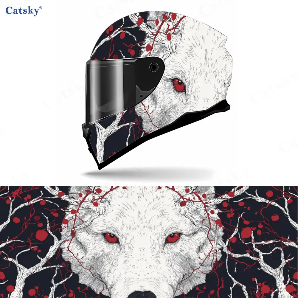 

Red Eyes White Wolf and White Branches Motorcycle Helmet Decal, Waterproof Self-adhesive Helmet Vinyl Wraps Sticker, Cool DIY Gr