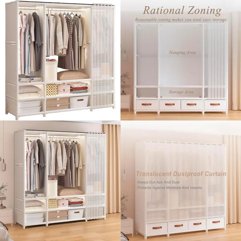 خزانة محمولة، خزانة ملابس، رف ملابس عالي التحمل مع غطاء، رف ملابس على الطراز الياباني مع 3 قضبان تعليق، 9 أرفف تخزين، 56
