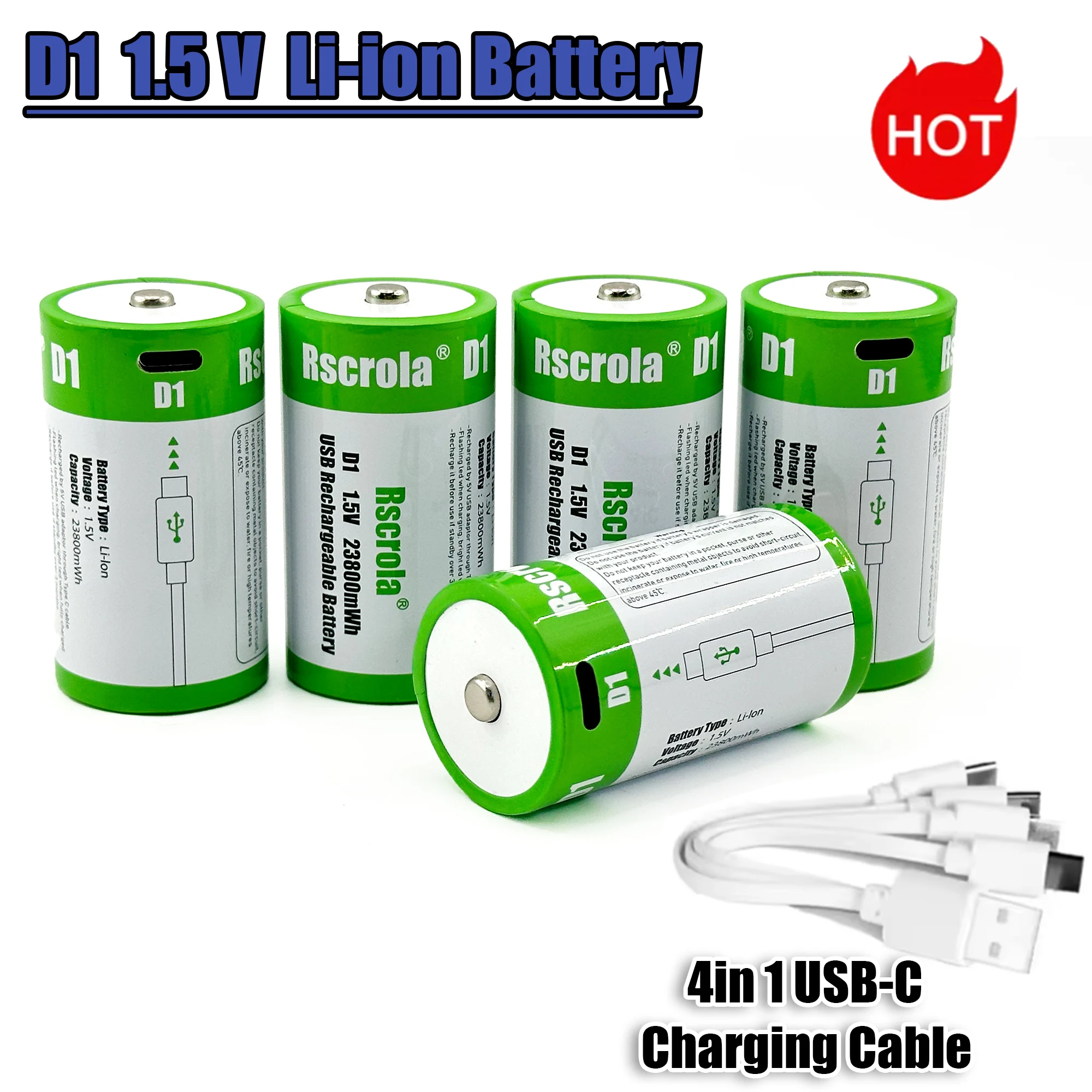 1.5V 23800mWh Genuine D1 Rechargeable Lithium Battery, Suitable for Gas Stoves and Water Heaters, USB Chargeable
