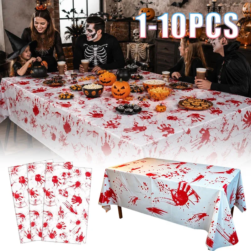 1-10PCS Halloween Tablecloth Bloody Handprint Waterproof Disposable for Party Supplies Decorations Haunted House Food Table