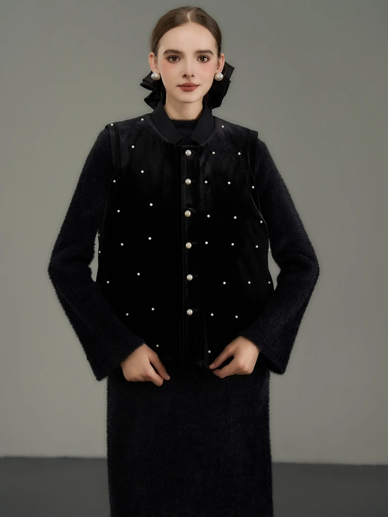 

Bla Velvet Handmade Pearl Cotton Jaet Vest New Chinese Sle Outerwear Versatile Svel Winter Faion Women's Vest