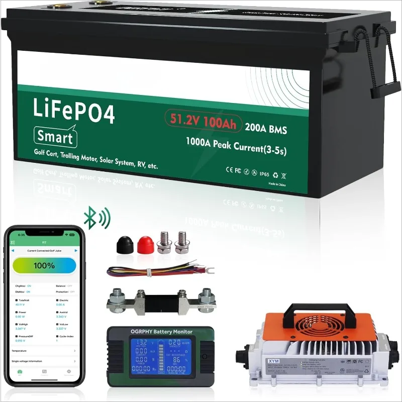 48 Volt Lithium Battery for Golf Cart with 18A Charger, 48V Lithium Battery with 200A BMS, LCD & Mobile Monitor