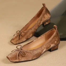 Women's genuine leather square toe slip-on flats slim single shoes sweet bowtie retro female daily footwear soft comfort shoes