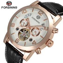 FORSINING Rose Gold Watch Week Calendar displays flywheel pattern digital mechanical skin strap Wrist Watch for men and women