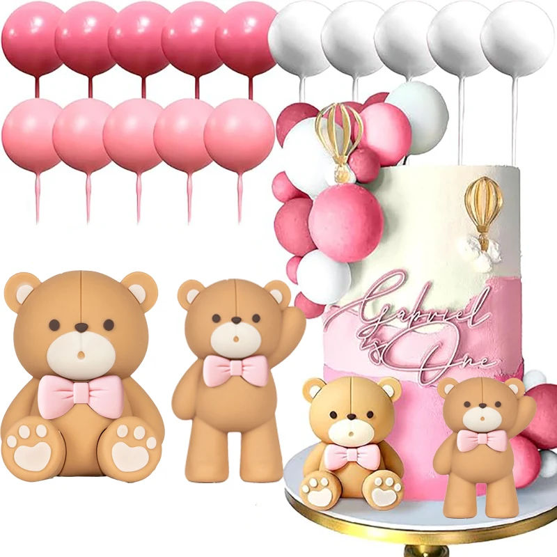 17pcs Pink Bear Cake Decorations Cute Bear Pink White Foam Balls Cake Topper Set Baby Shower Girl Birthday Party Cupcake Supplie