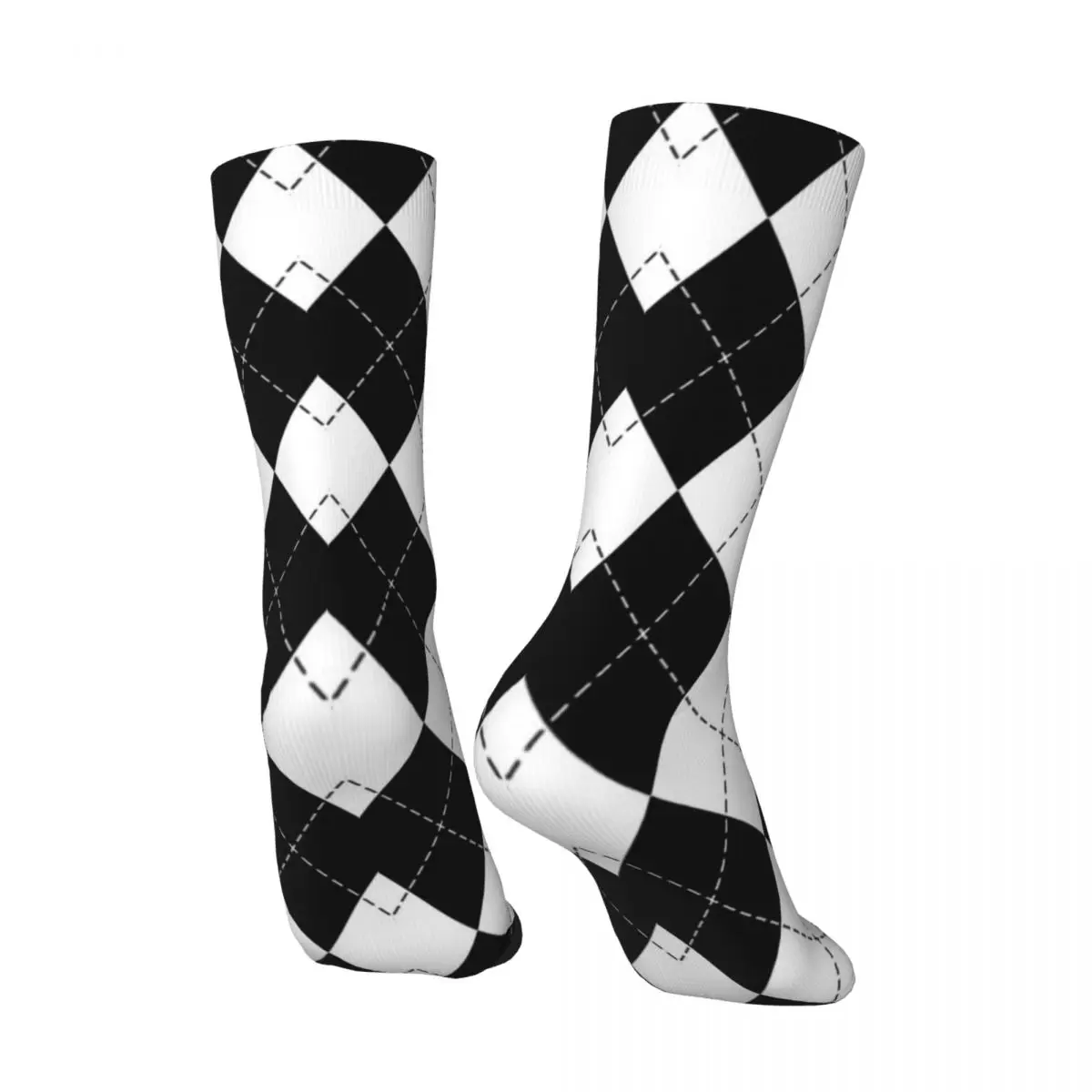 Hip Hop Vintage Black And White Argyle Pattern Crazy Men's Socks Unisex Geometric Patterns Harajuku Seamless Printed Crew Sock