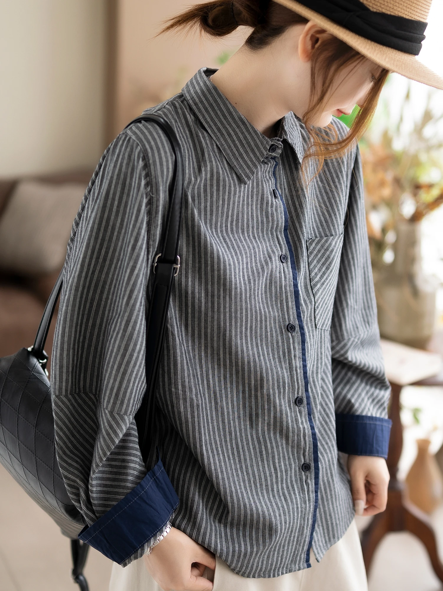 

Camiyu Retro Color Block Vertical Stripe Pure Cotton Long Sleeve Shirt Spring Design Casual Shirt Women's Loose Fit Neutral S...