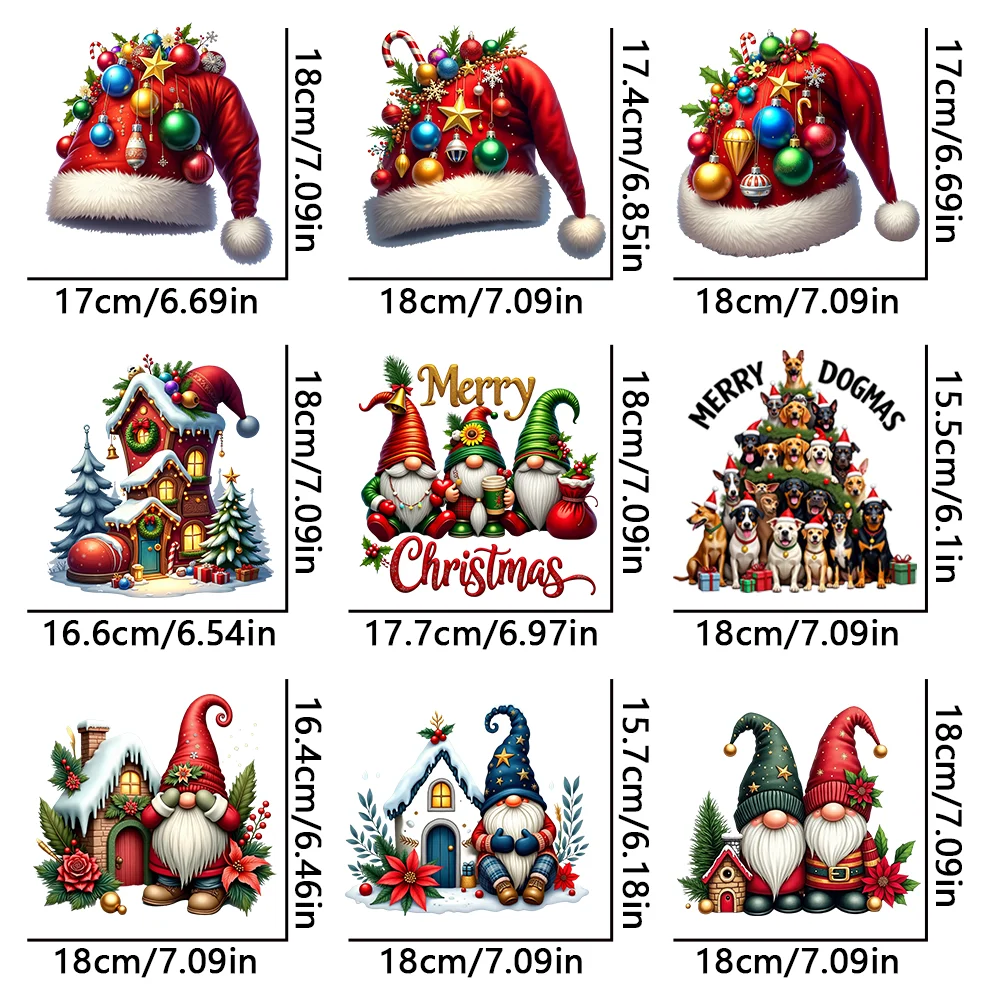 مجموعة مكونة من 9 قطع من ملصقات نقل الحرارة من الفينيل لعيد الميلاد - ملونة مع تصميمات إبداعية، مناسبة لتخصيص الملابس والسترة