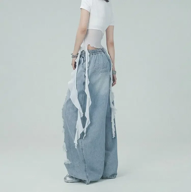 Blue Distressed Vintage Lace Patchwork Ripped Jeans Women Streetwear Y2k American Retro High Waist Wide Leg Denim Pants